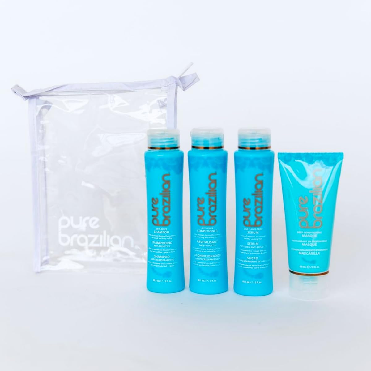 Pure Brazilian travel kit in a toiletry bag beside a passport for on-the-go hair care