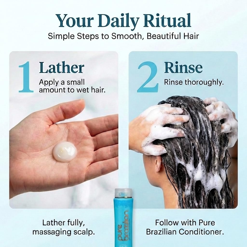 Pure Brazilian on bathroom shelf with towels showing daily routine