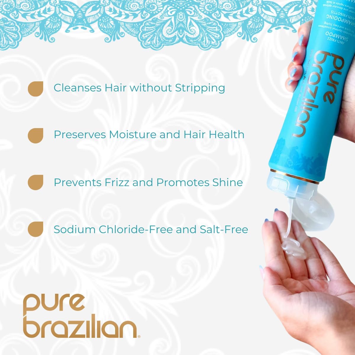 Pure Brazilian shampoo texture and lather on palm, demonstrating gentle cleanse and slip