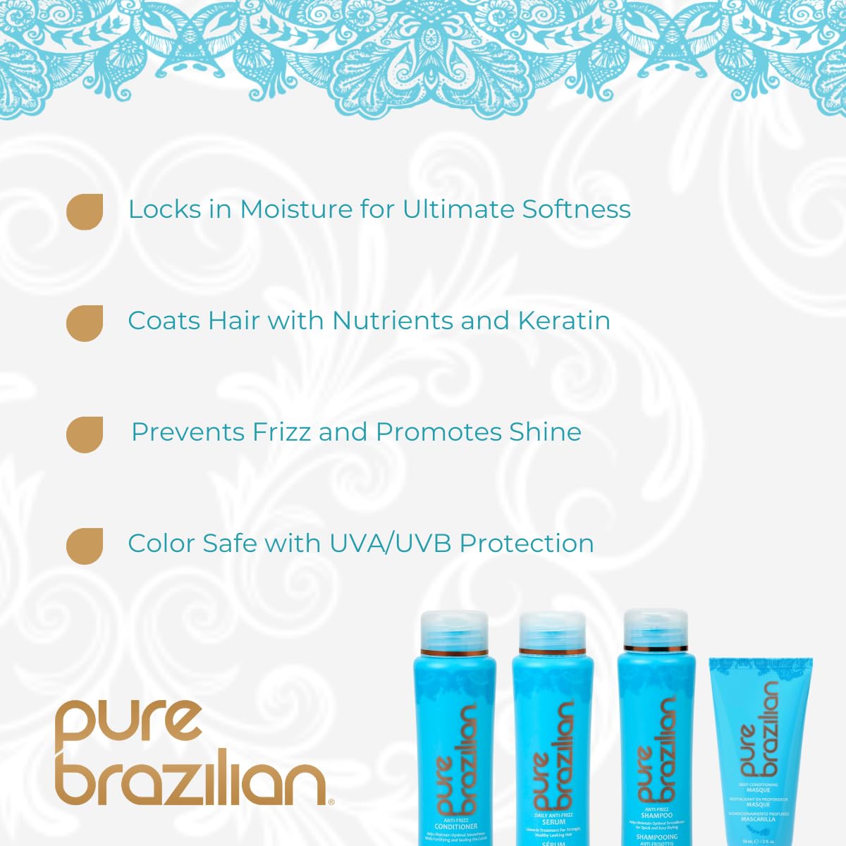 Pure Brazilian shampoo bottle close-up displaying label and easy-to-use cap for gentle cleansing
