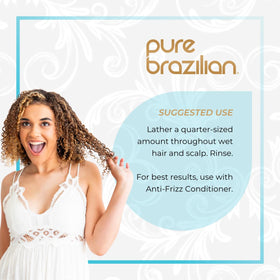 Pure Brazilian bottle staged in bathroom with towel, demonstrating daily use