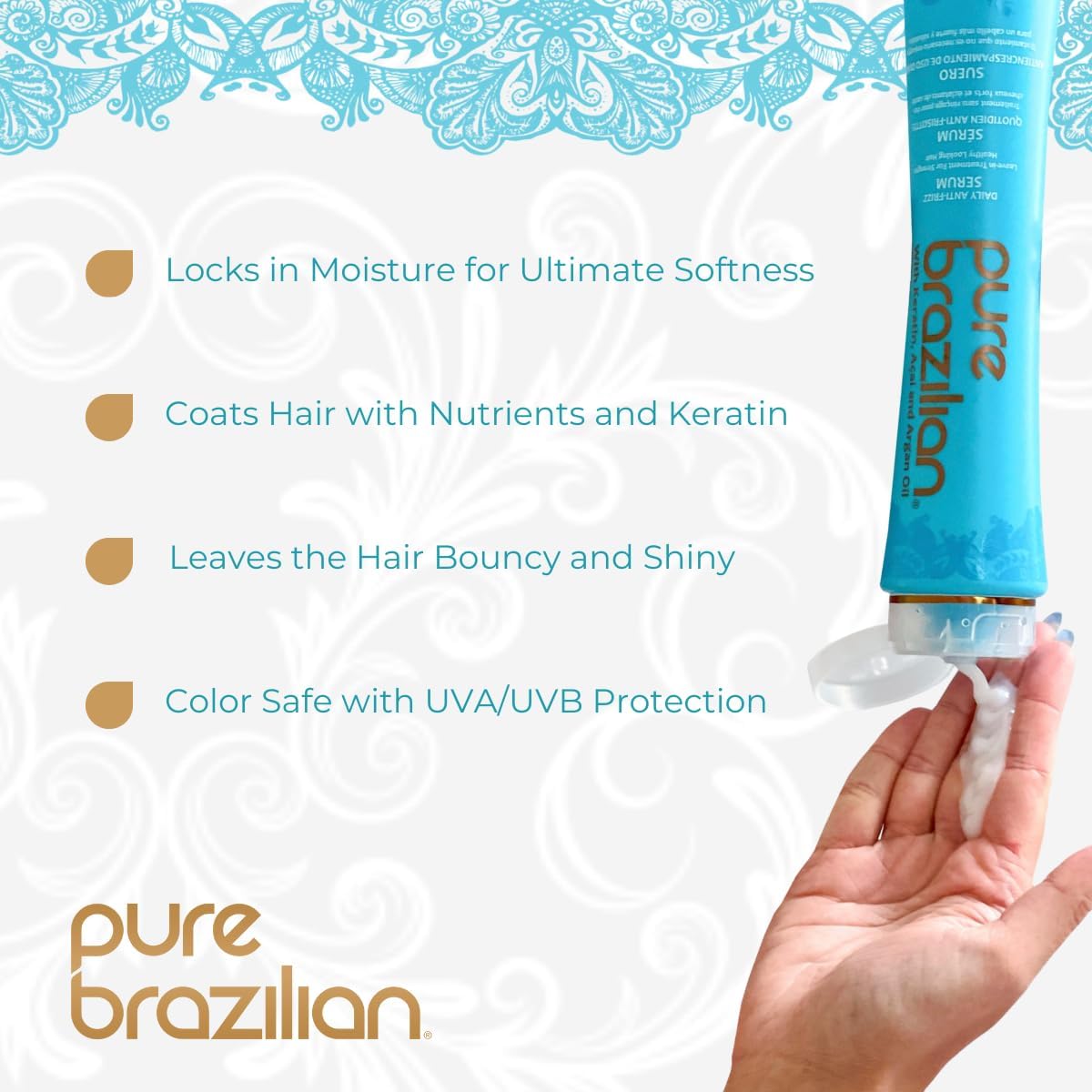 Pure Brazilian close-up of serum texture dispensed to show lightweight shine