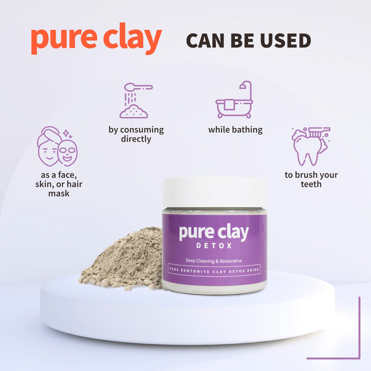 PURE CLAY ultra-fine powder heap close-up showing smooth texture for even masks