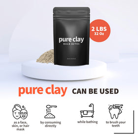 PURE CLAY pouch beside a measuring spoon showing 2 lb scale and generous supply