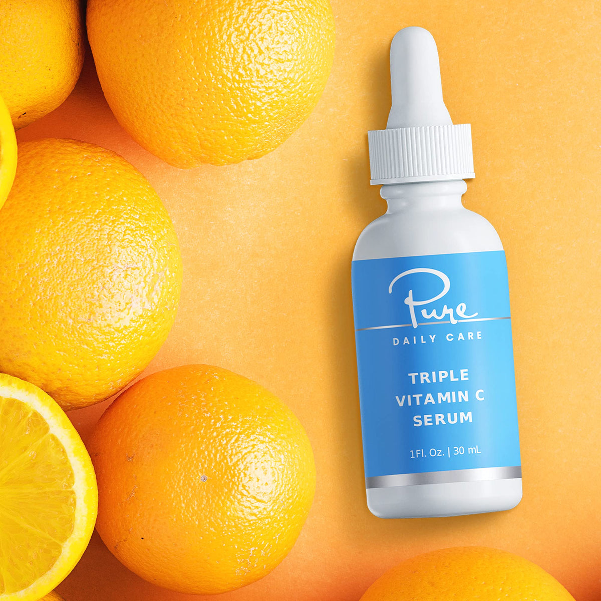 Pure Daily Care serum on bathroom counter in morning routine delivering antioxidant benefit