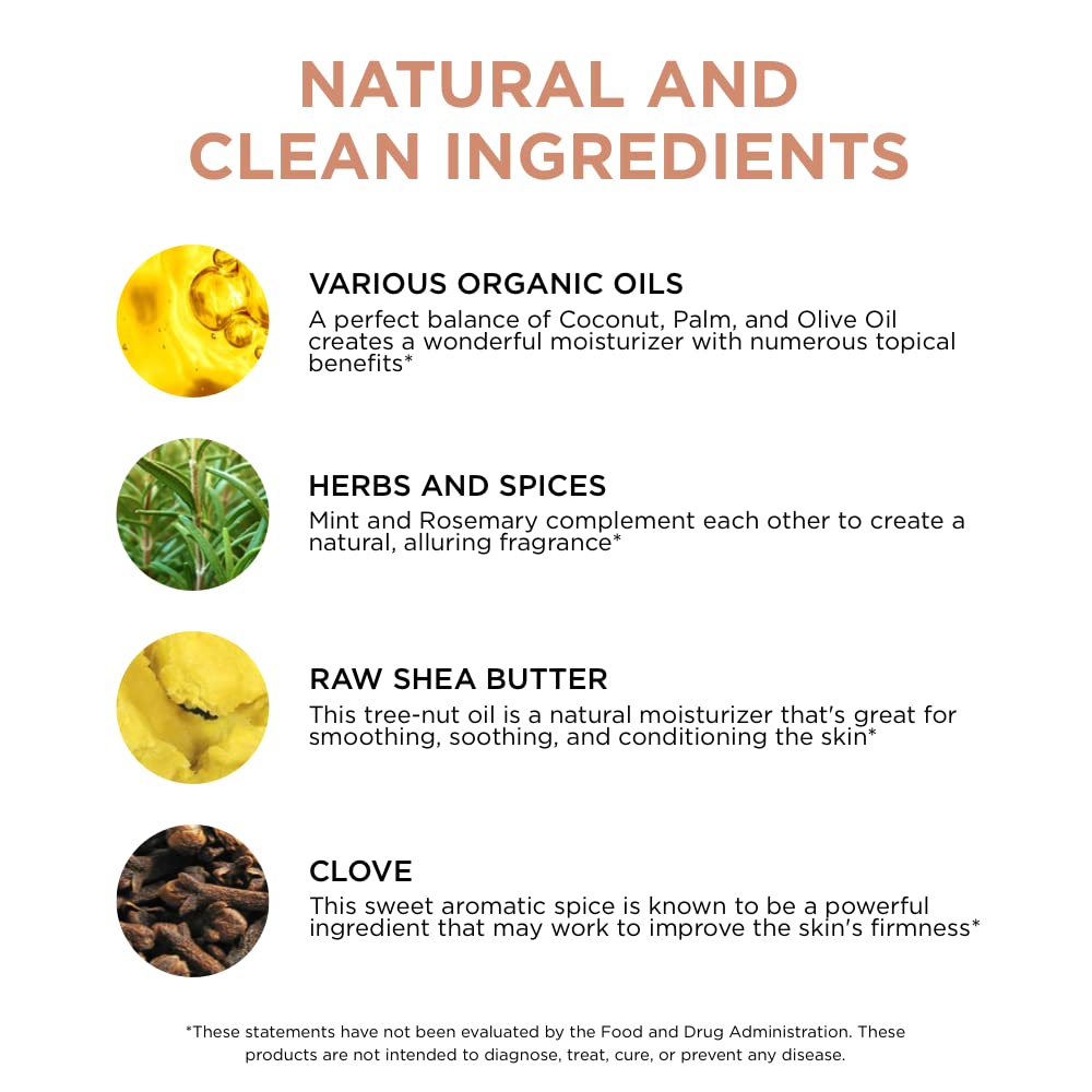 Pure for Men raw shea mint clove ingredients arranged to show natural benefits