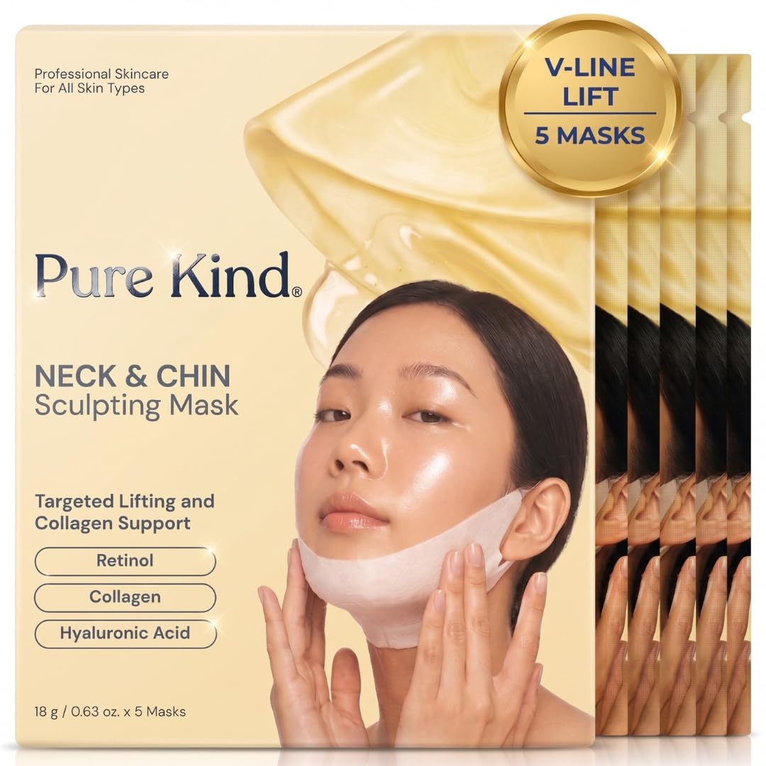 Pure Kind front packaging showing five V-line masks and benefits
