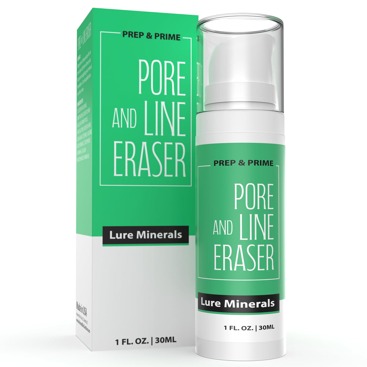 Pure Minerals primer split-face before-after showing reduced pores and improved tone