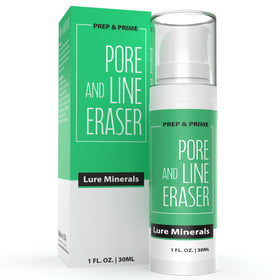 Pure Minerals primer split-face before-after showing reduced pores and improved tone