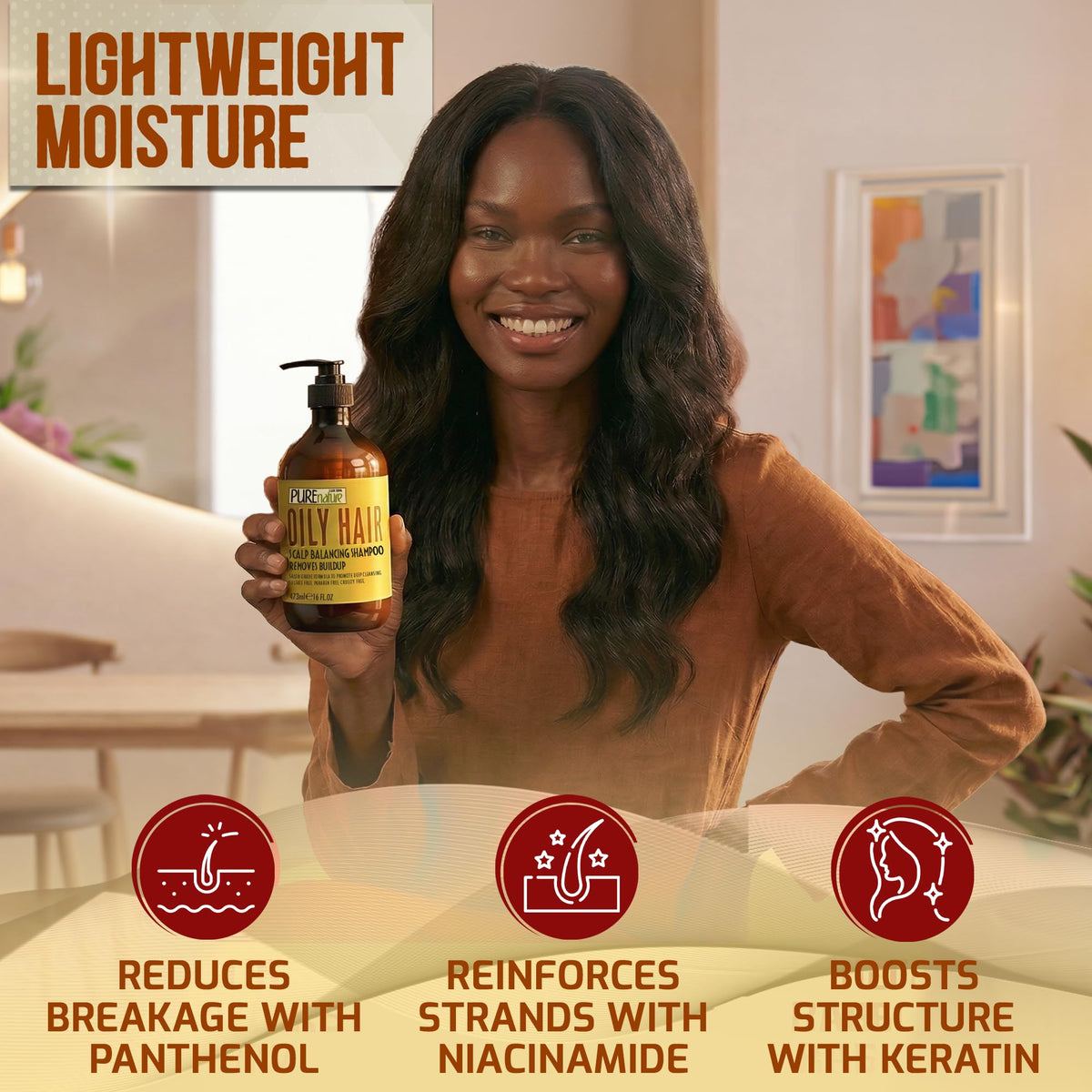 PURE NATURE LUX SPA bottle on bathroom shelf showing everyday routine and fresh scalp benefit