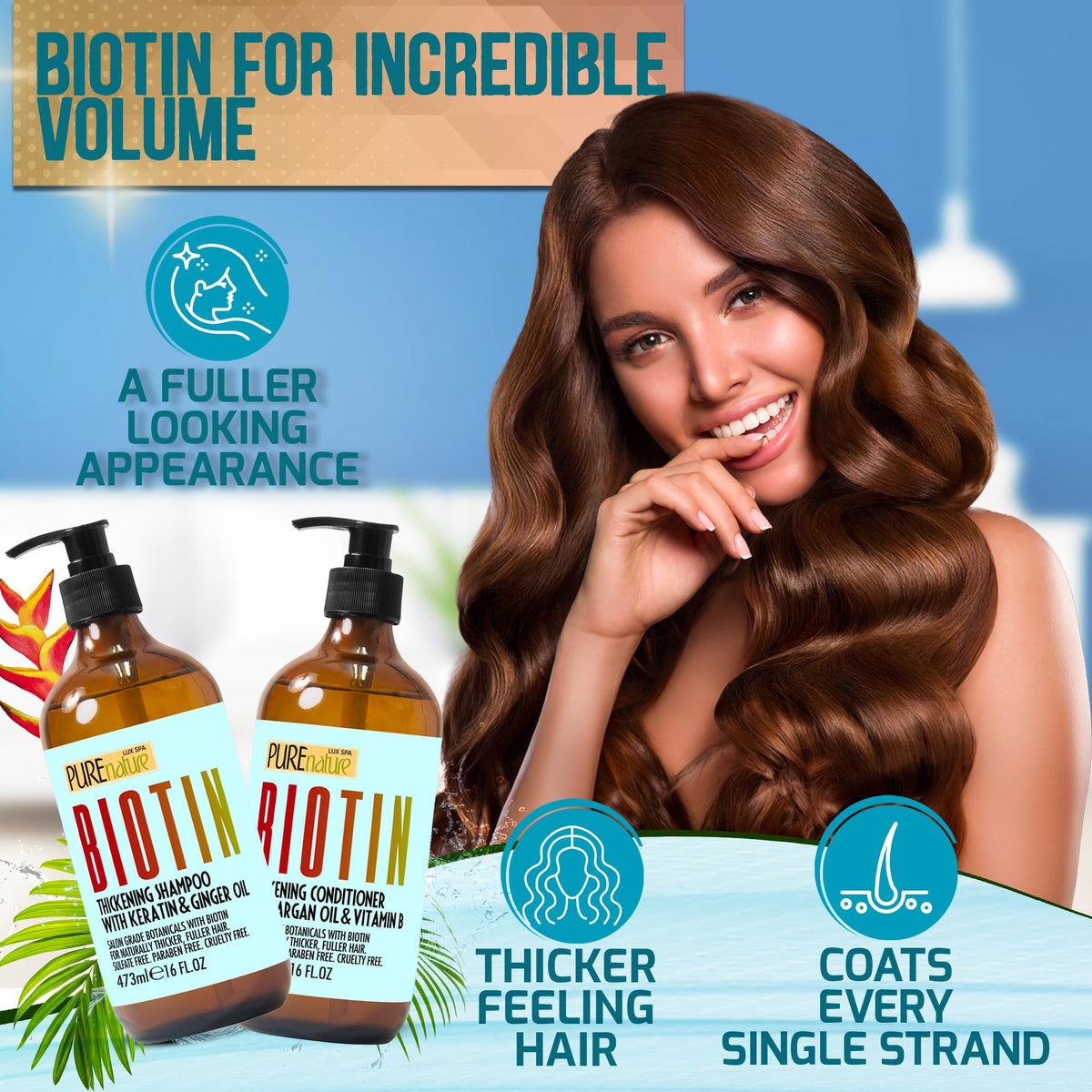PURE NATURE LUX SPA close-up label highlighting biotin and benefits