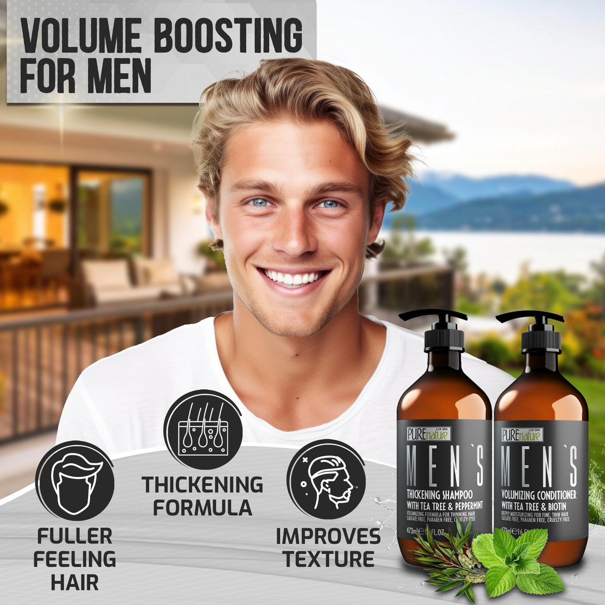 PURE NATURE LUX SPA bottles side by side conveying a coordinated care routine