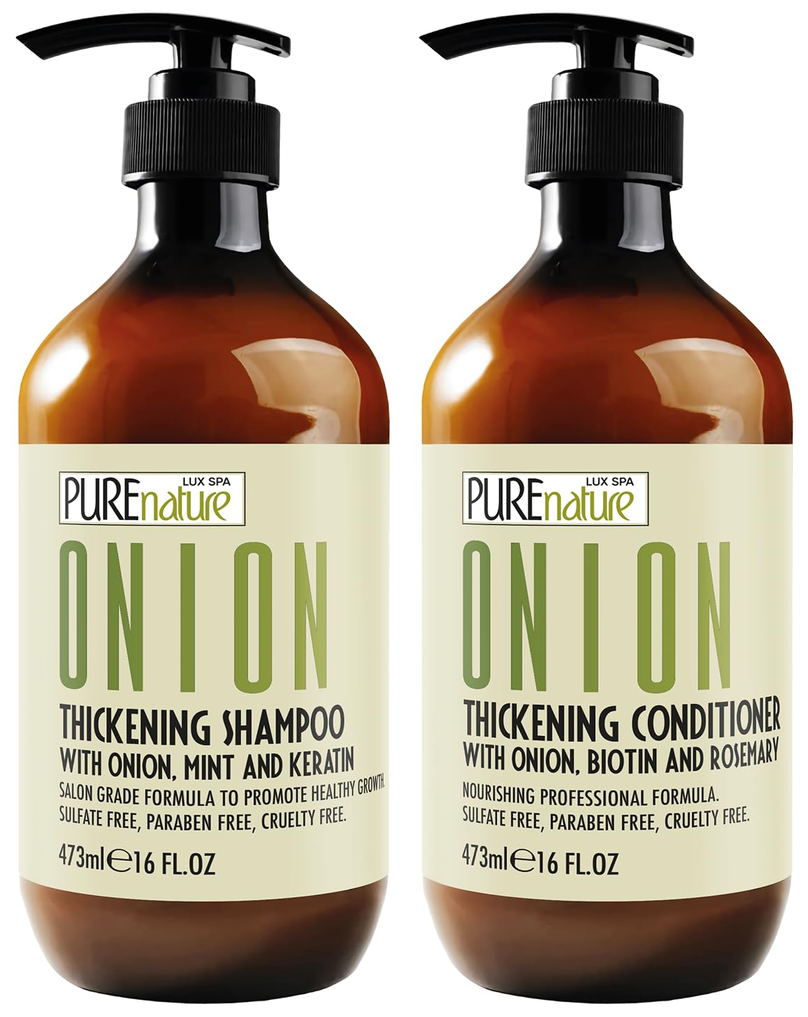 PURE NATURE LUX SPA front packaging showing volumizing onion duo benefit