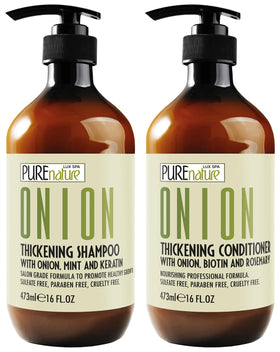 PURE NATURE LUX SPA front packaging showing volumizing onion duo benefit