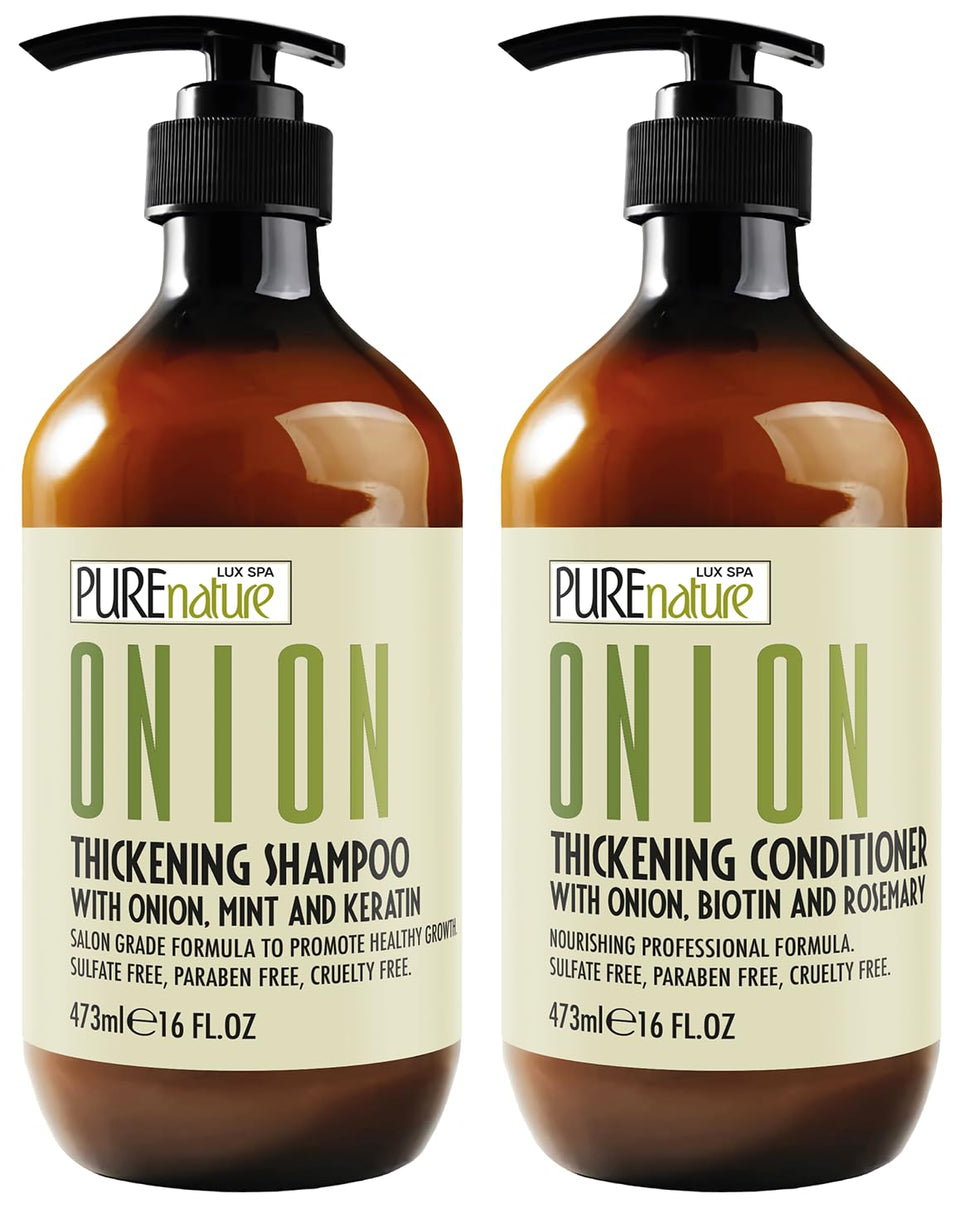 PURE NATURE LUX SPA front packaging showing volumizing onion duo benefit