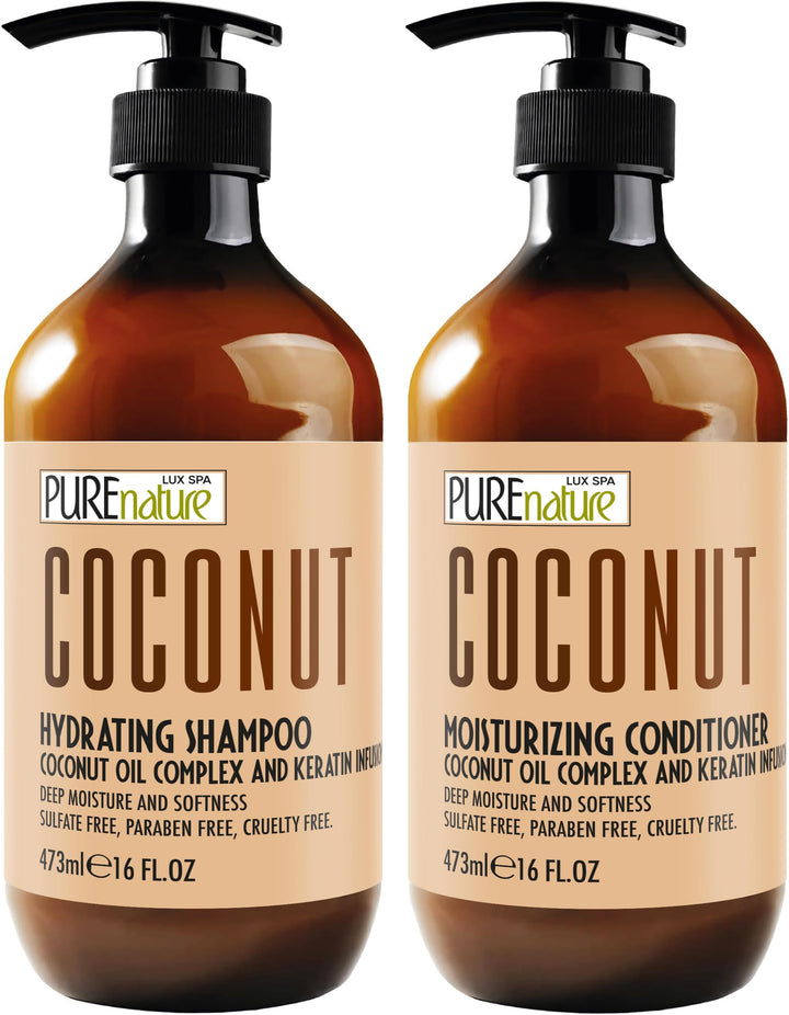 PURE NATURE LUX SPA front packaging showing shampoo and conditioner set benefits