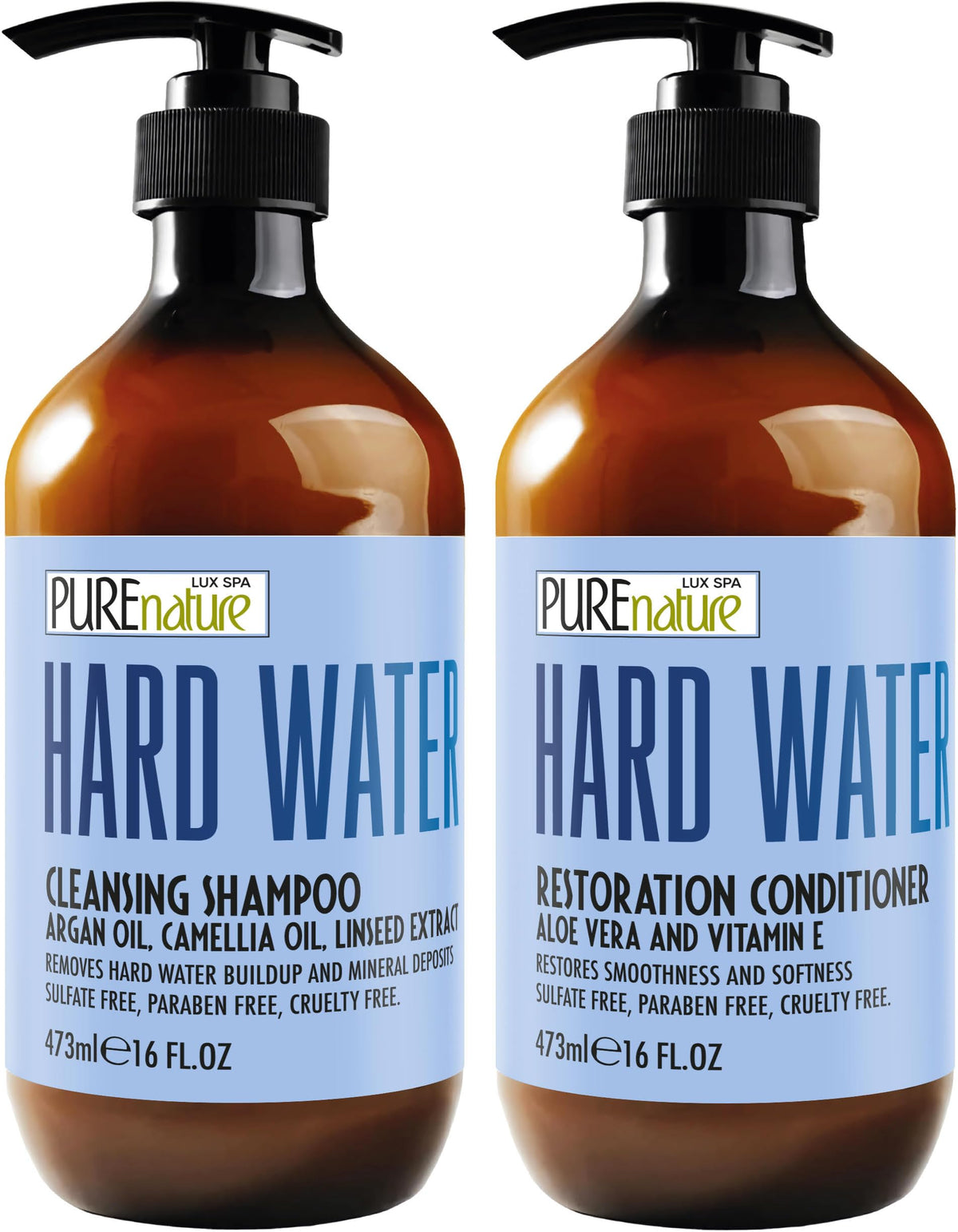 PURE NATURE LUX SPA front packaging showing both 16 fl oz bottles and benefits