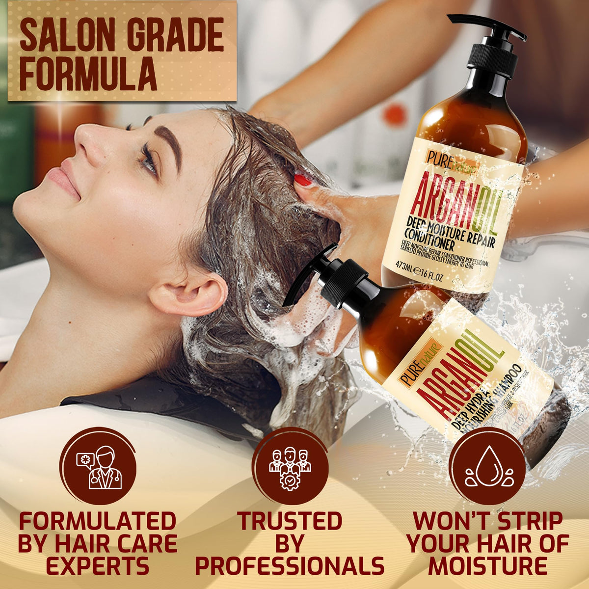 PURE NATURE LUX SPA shampoo and conditioner in-use with suds for gentle cleansing