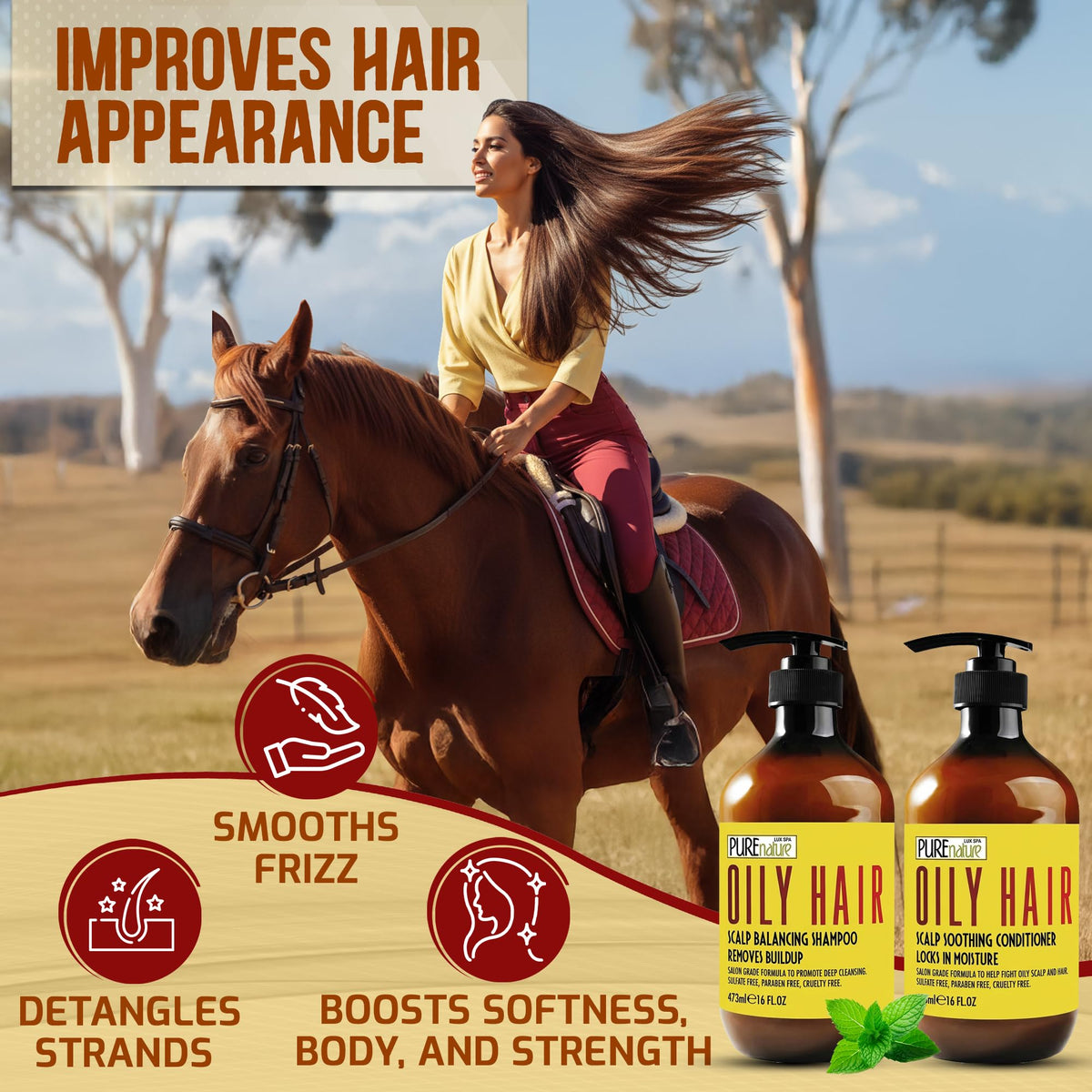 PURE NATURE LUX SPA in-shower use showing product cleansing roots and refreshing scalp
