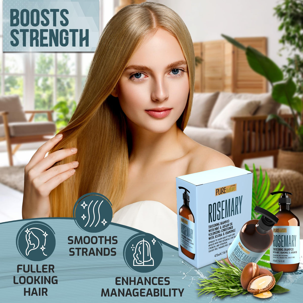 PURE NATURE LUX SPA product in use on wet hair demonstrating visible lift and fuller look benefit