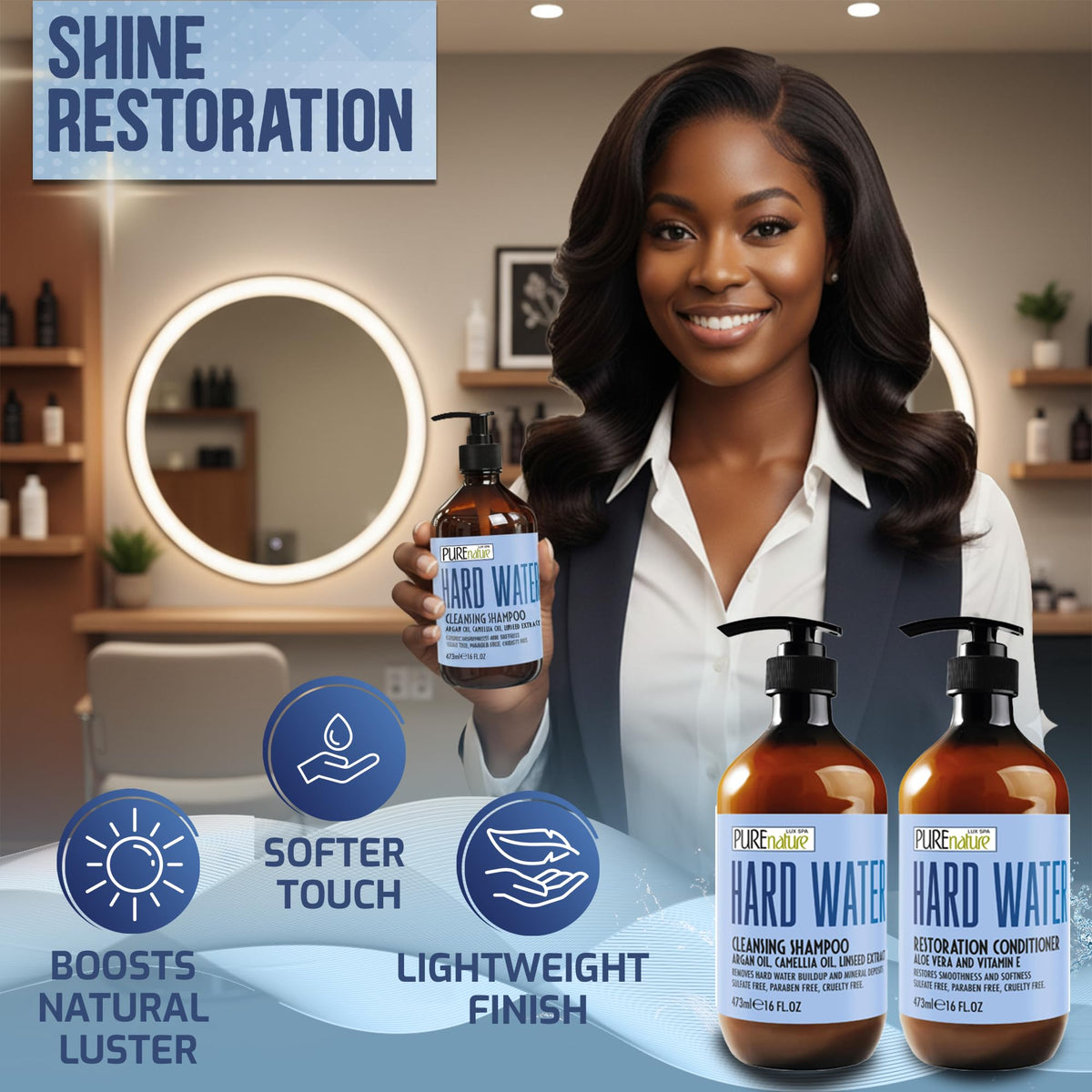 PURE NATURE LUX SPA set styled in bathroom to show everyday swim-safe use