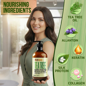 PURE NATURE LUX SPA ingredient label close-up showing tea tree oil and clean formulation benefits
