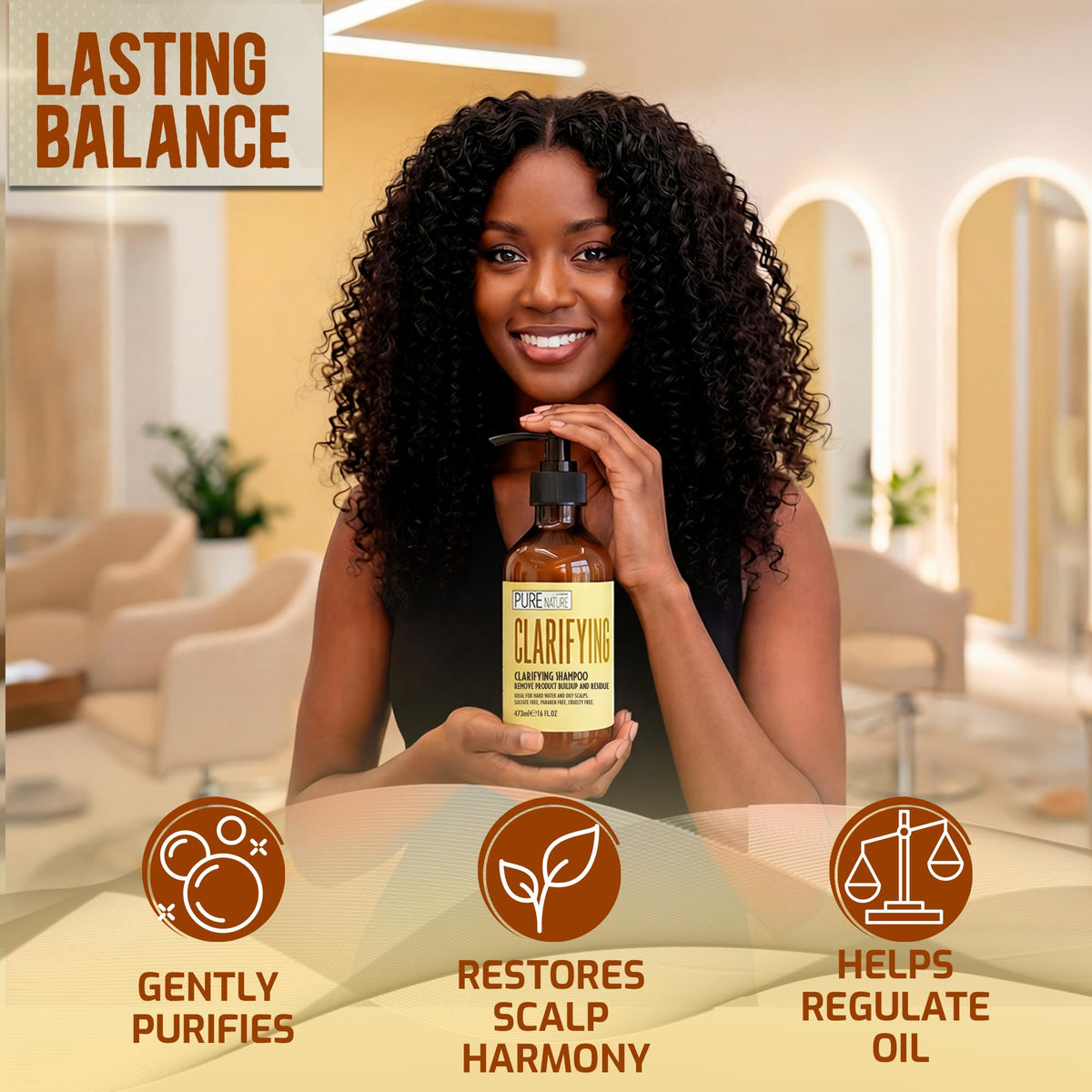 PURE NATURE LUX SPA bottle in modern bathroom conveying salon-quality routine
