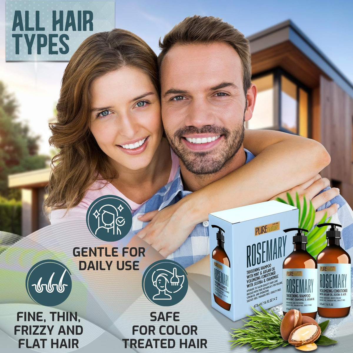 PURE NATURE LUX SPA bottles held in hand showing true size and travel-friendly convenience benefit