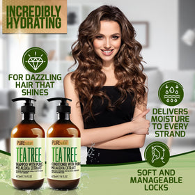 PURE NATURE LUX SPA tea tree leaves and oil bottle highlighting natural ingredients