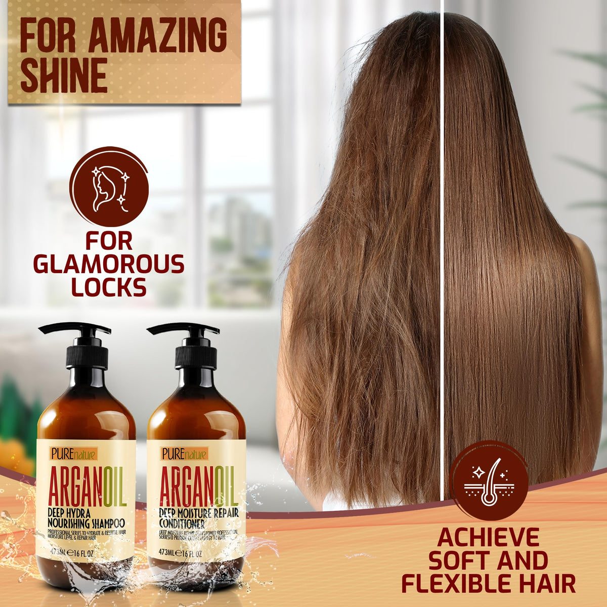PURE NATURE LUX SPA conditioner on hair strand displaying smoothing and detangling