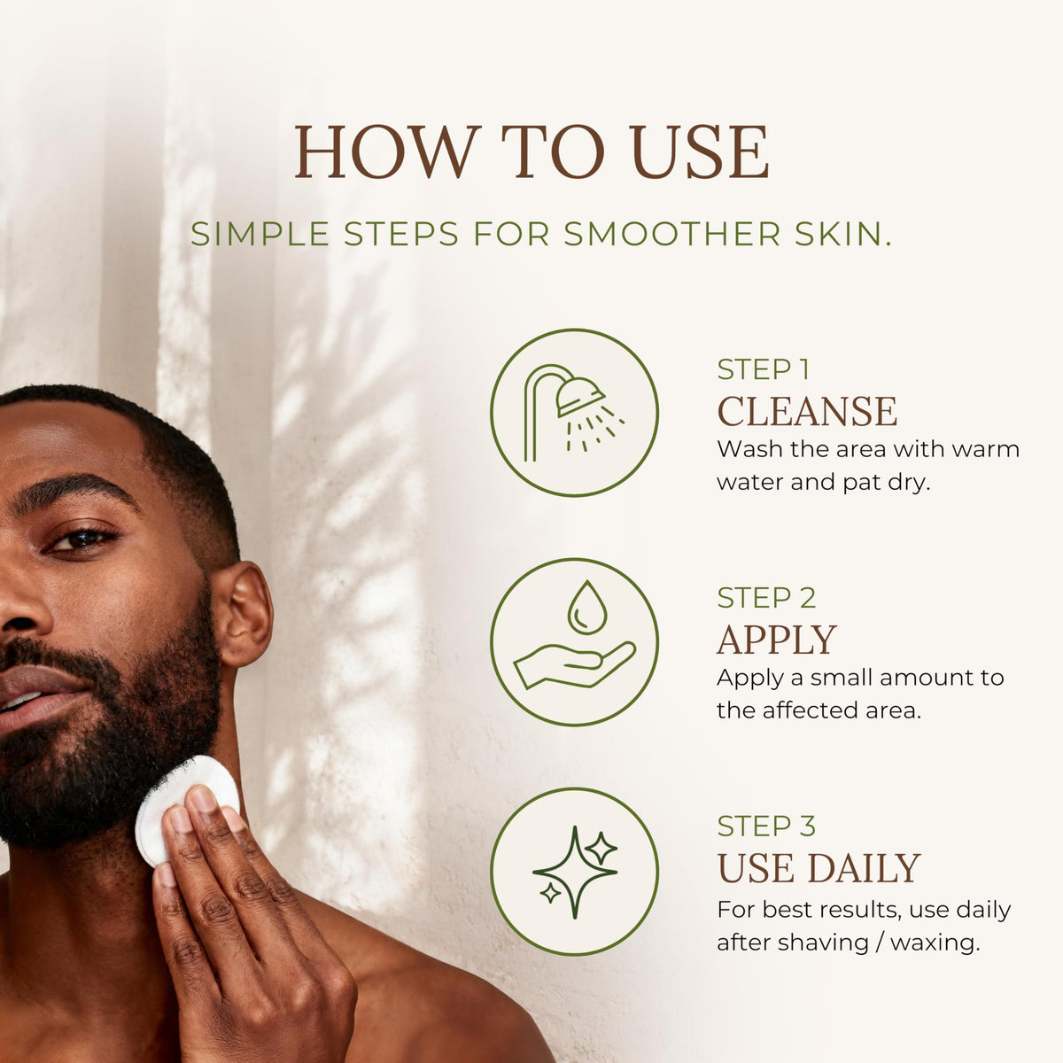 PURE REIGN applied with cotton pad demonstrating easy use for calming post-shave skin