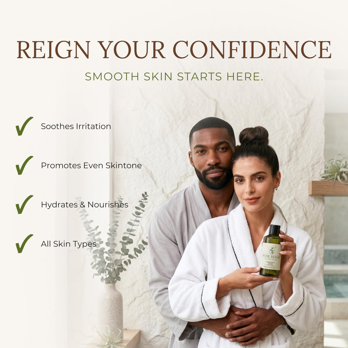 PURE REIGN label detail showcasing ingredient claims and professional-grade formulation benefits