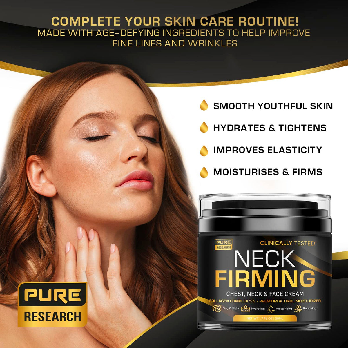 PURE RESEARCH applying cream to neck with upward massage for firmer look