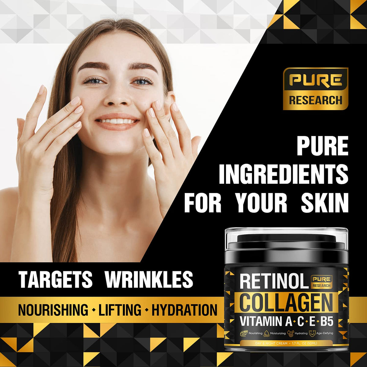 PURE RESEARCH open 1.7oz jar next to ruler showing compact travel size