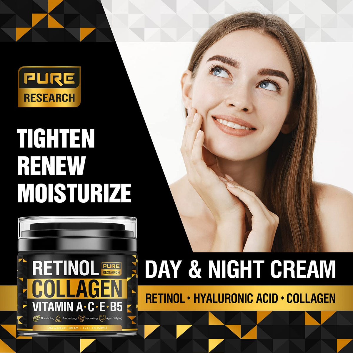 PURE RESEARCH ingredients label close-up listing retinol and hyaluronic acid