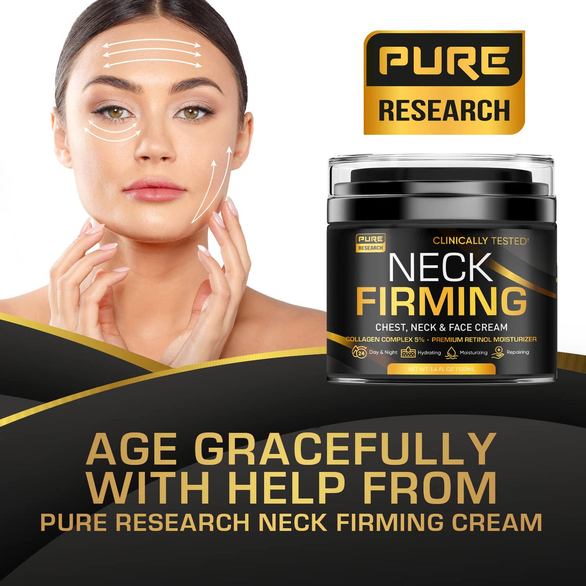 PURE RESEARCH lifestyle image of woman touching décolleté showing confidence benefit: refined appearance