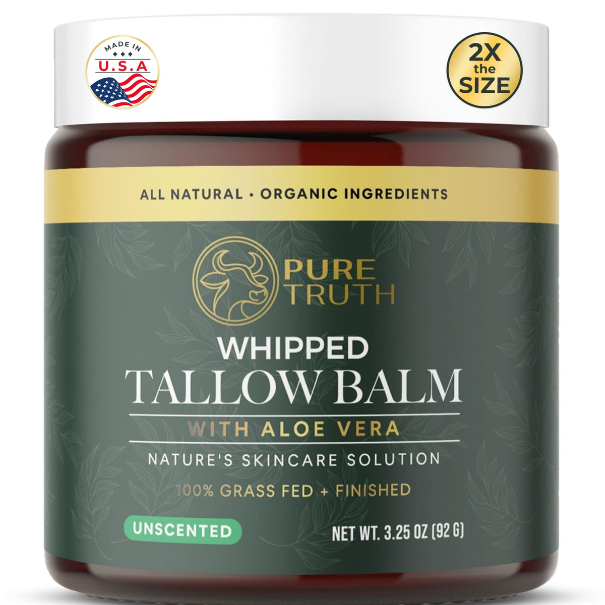 Pure Truth jar front view showing unscented whipped tallow balm and clear labeling benefit
