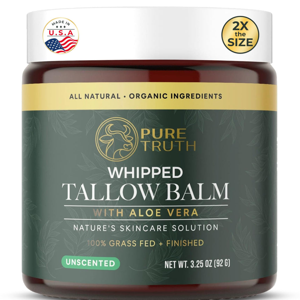 Pure Truth jar front view showing unscented whipped tallow balm and clear labeling benefit