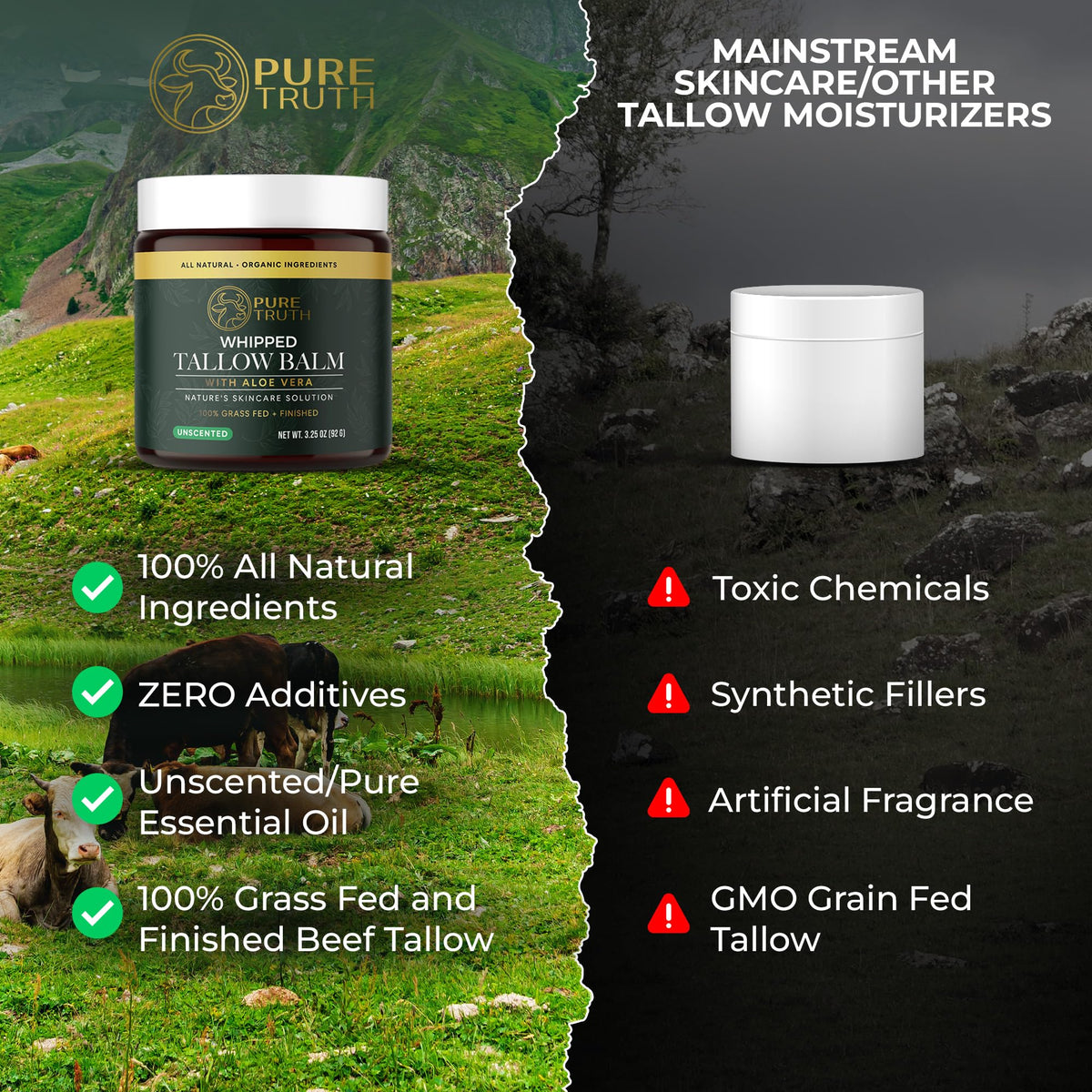 Pure Truth label detail highlighting ingredient list and grass-fed tallow sourcing benefit
