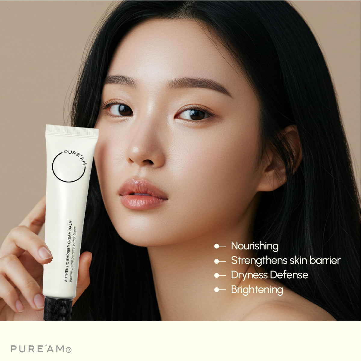 PURE'AM open jar showing creamy balm texture, highlights quick absorption