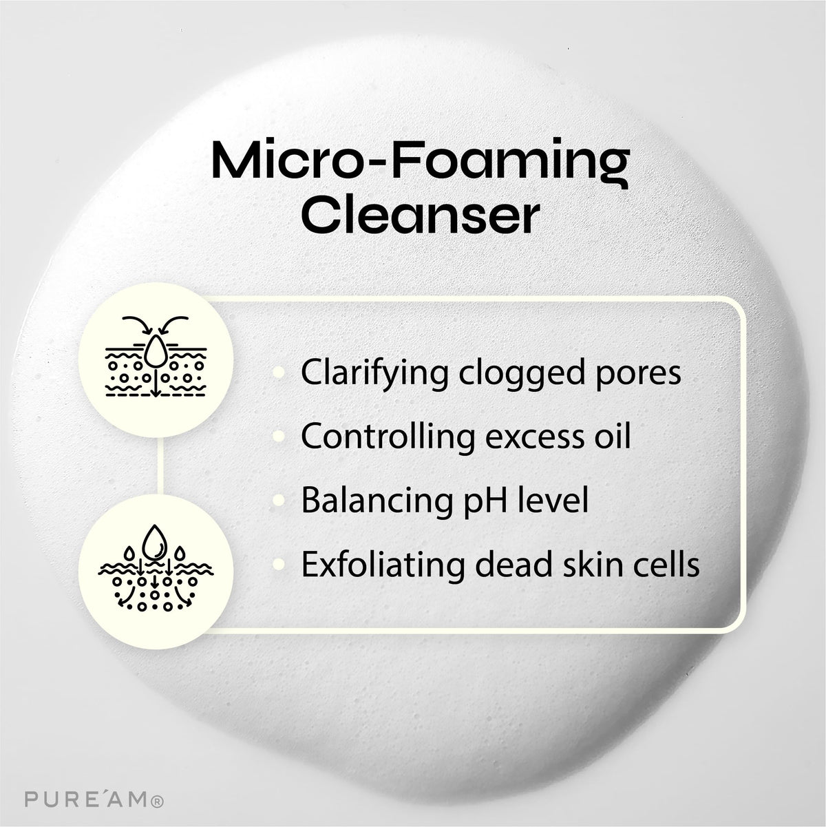 PURE'AM foam dispensed in hand demonstrating easy lathering