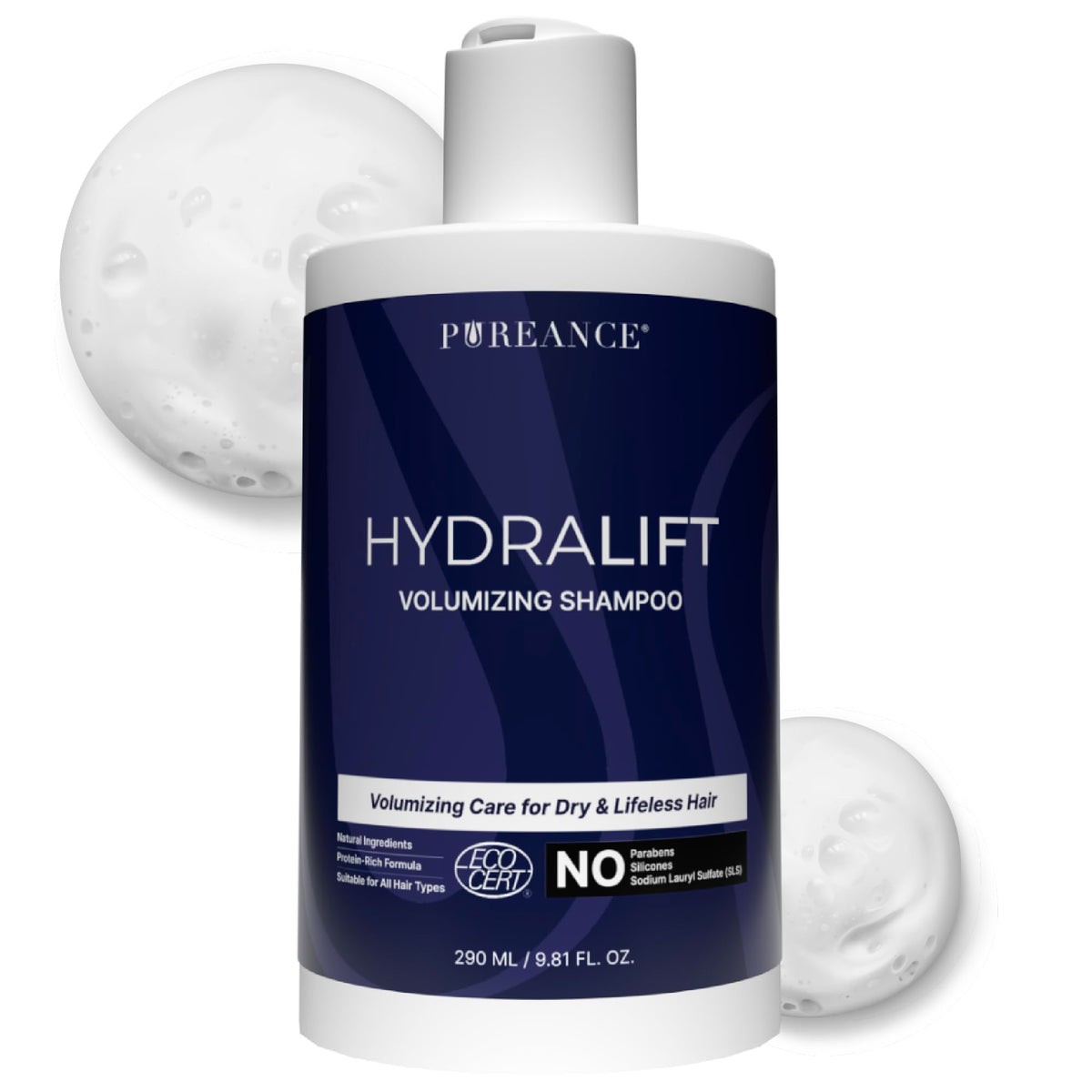 PUREANCE front bottle view shows clean design and volumizing benefit