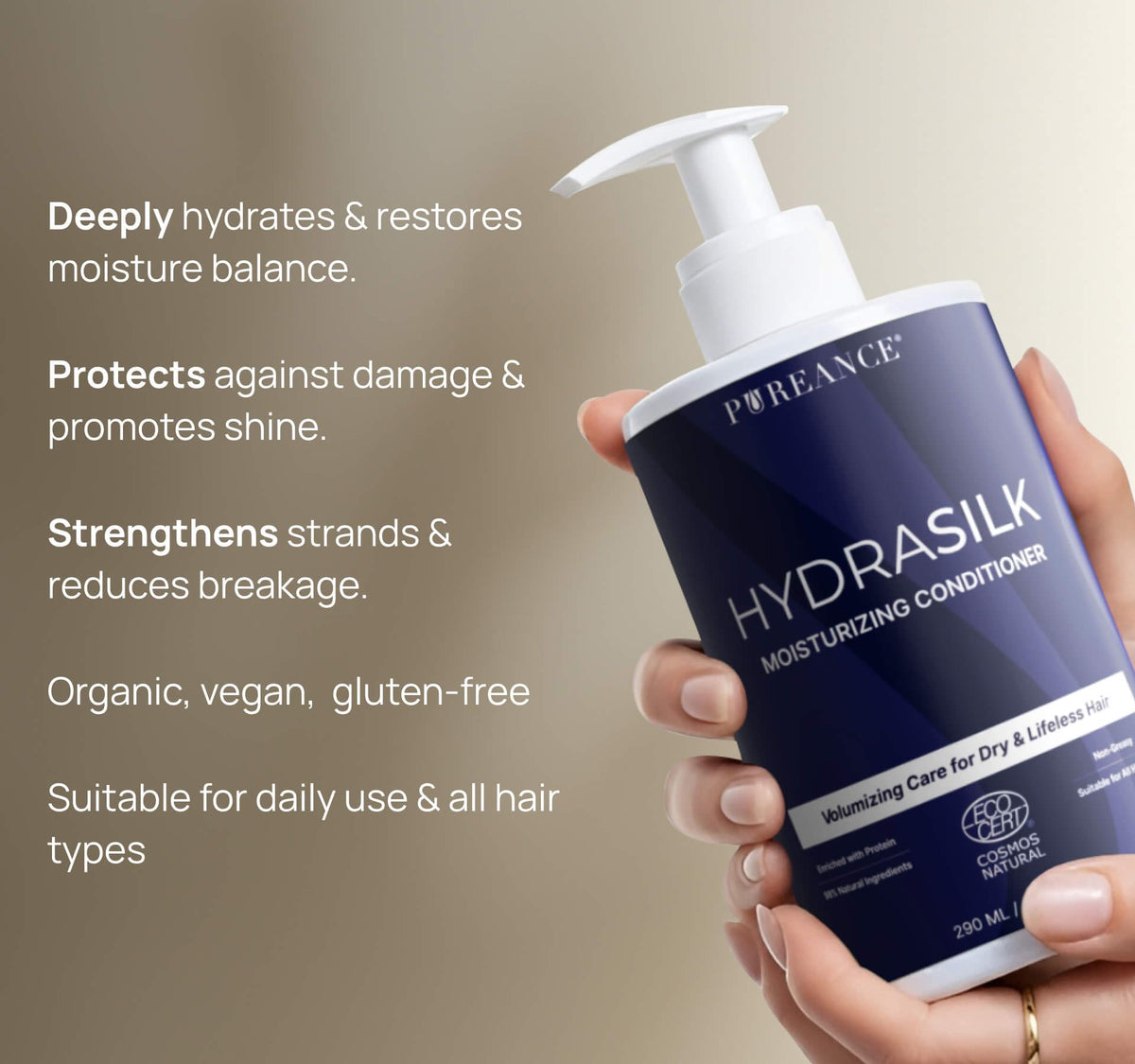 PUREANCE Hydrasilk being applied to hair in hand showing easy spread benefit