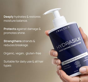 PUREANCE Hydrasilk being applied to hair in hand showing easy spread benefit