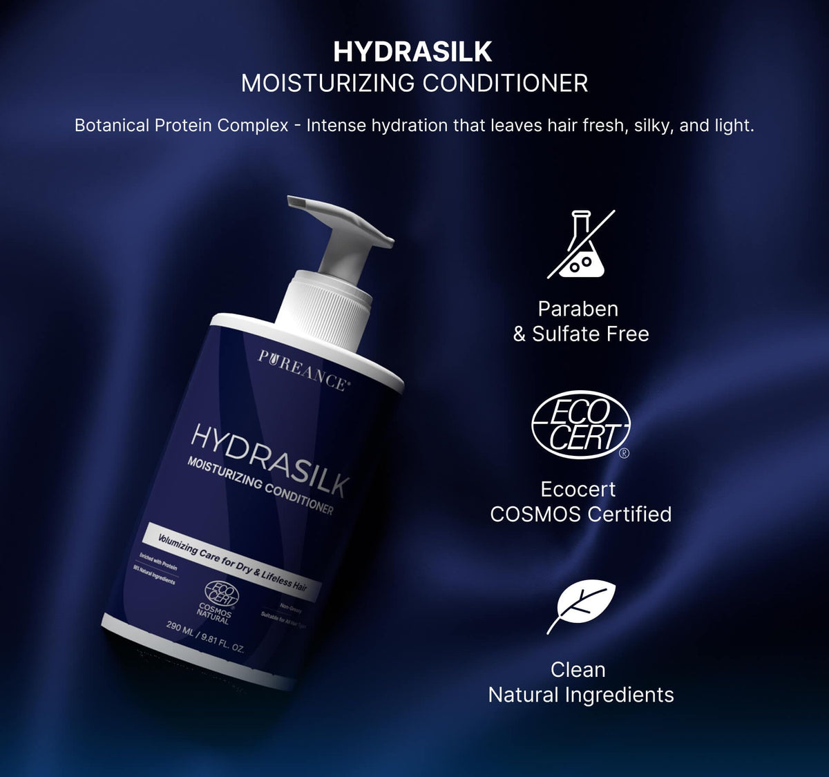 PUREANCE Hydrasilk on bathroom shelf among plants showing natural formula benefit