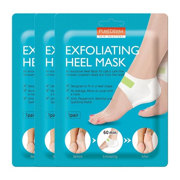 Purederm front packaging showing three heel masks and benefits
