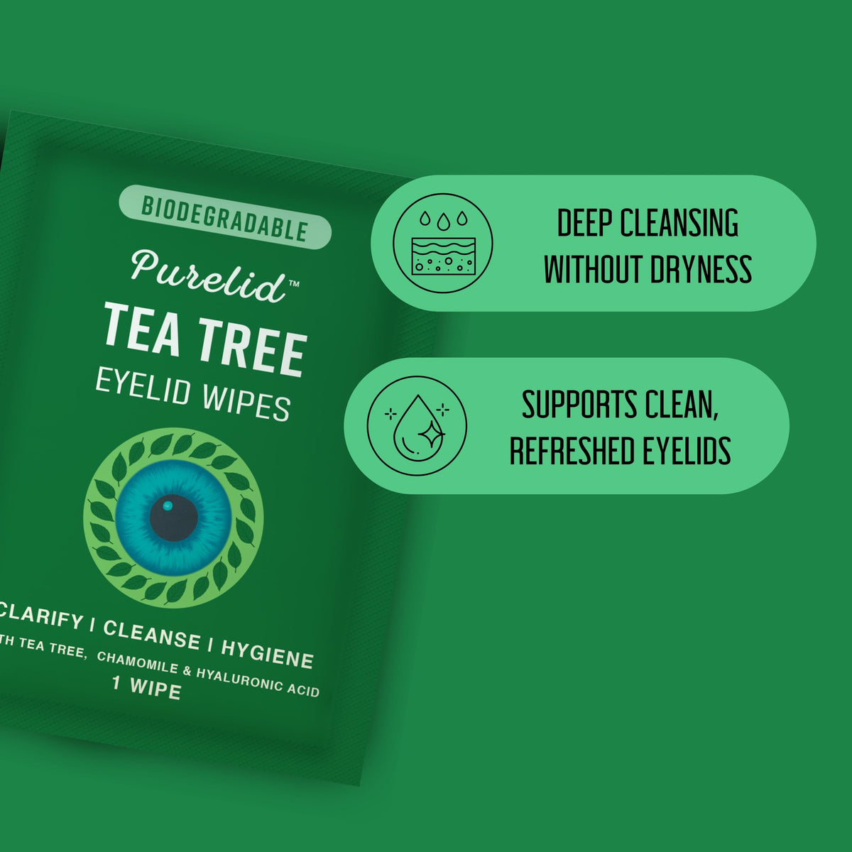 PURELID wipe in hand cleaning eyelid delivering gentle cleanse
