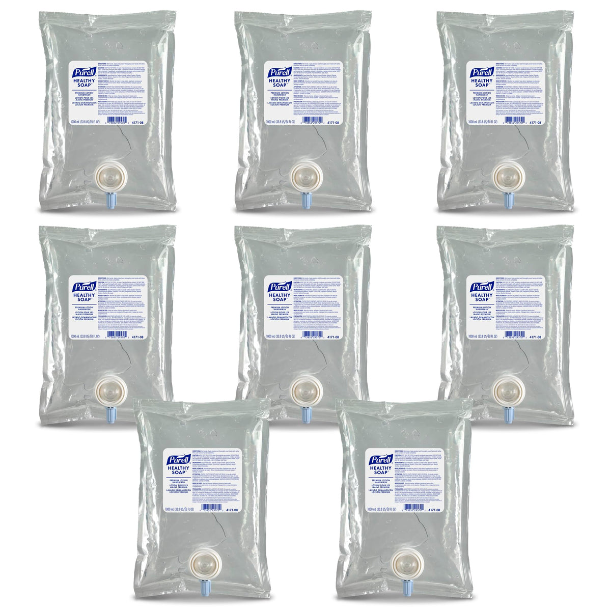 PURELL front packaging showing 1000 mL refill and pack of eight benefit