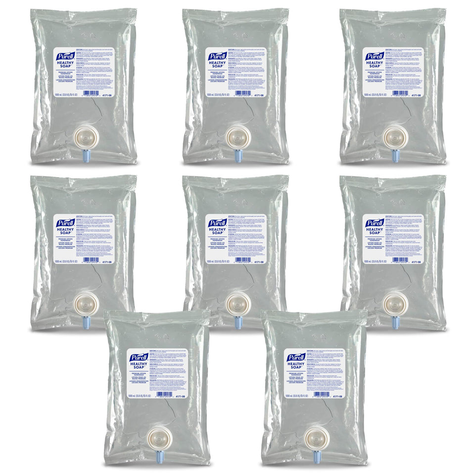 PURELL front packaging showing 1000 mL refill and pack of eight benefit