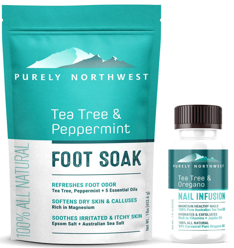 Purely Northwest front packaging showing the two-step foot care set benefit: easy spa routine